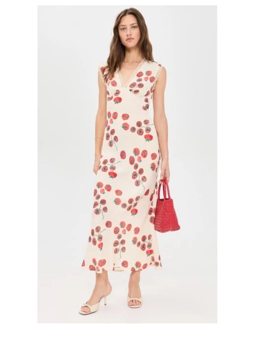 Vrg Grl Vintage Lover Bias Cut, Tomato V-Neck Maxi Dress - Cream/Red- Nwt